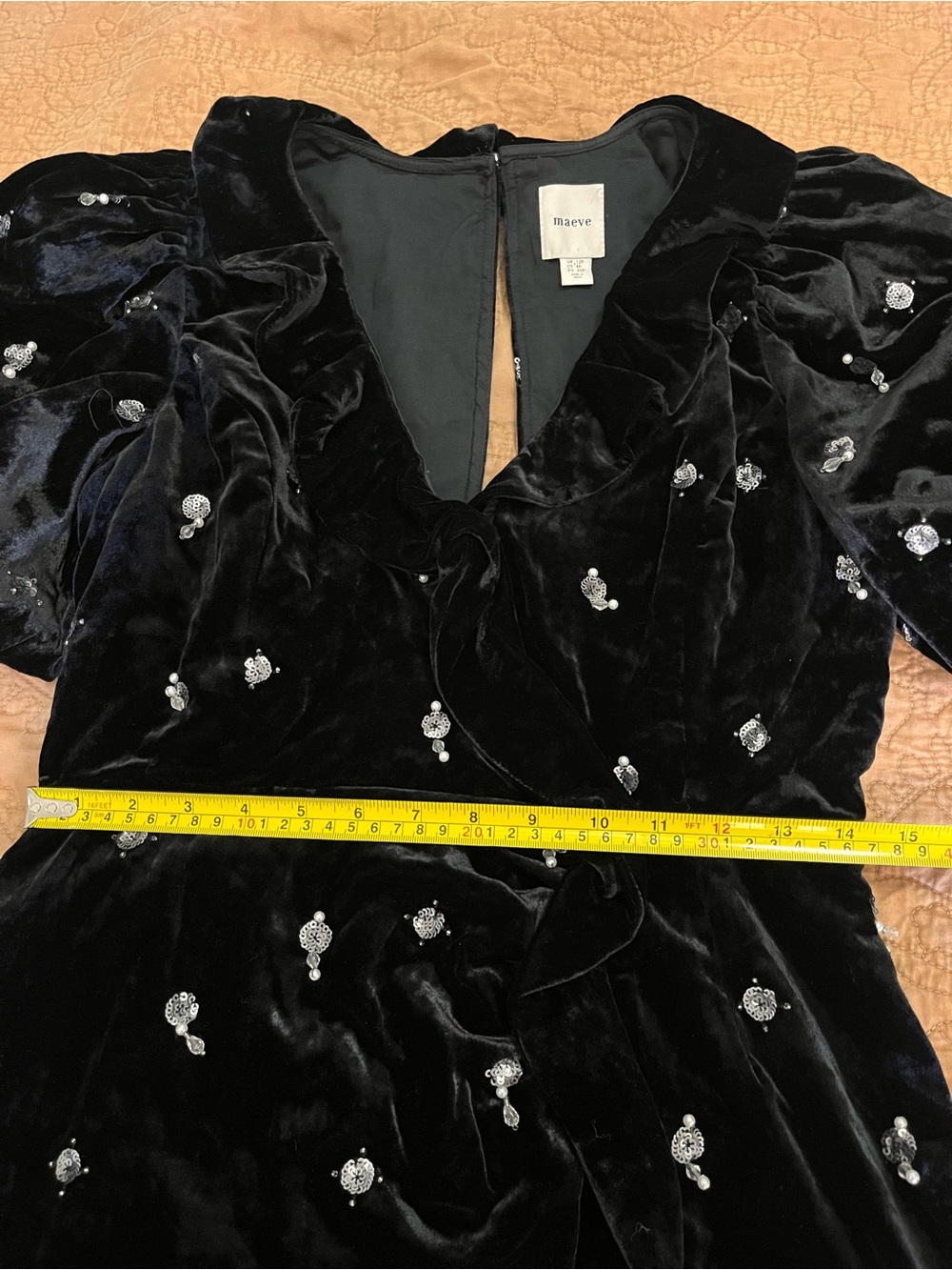 Anthropologie Maeve Black Luxe Velvet Dress Embellished Jewels Puff 8P Mini - Picture 7 of 9